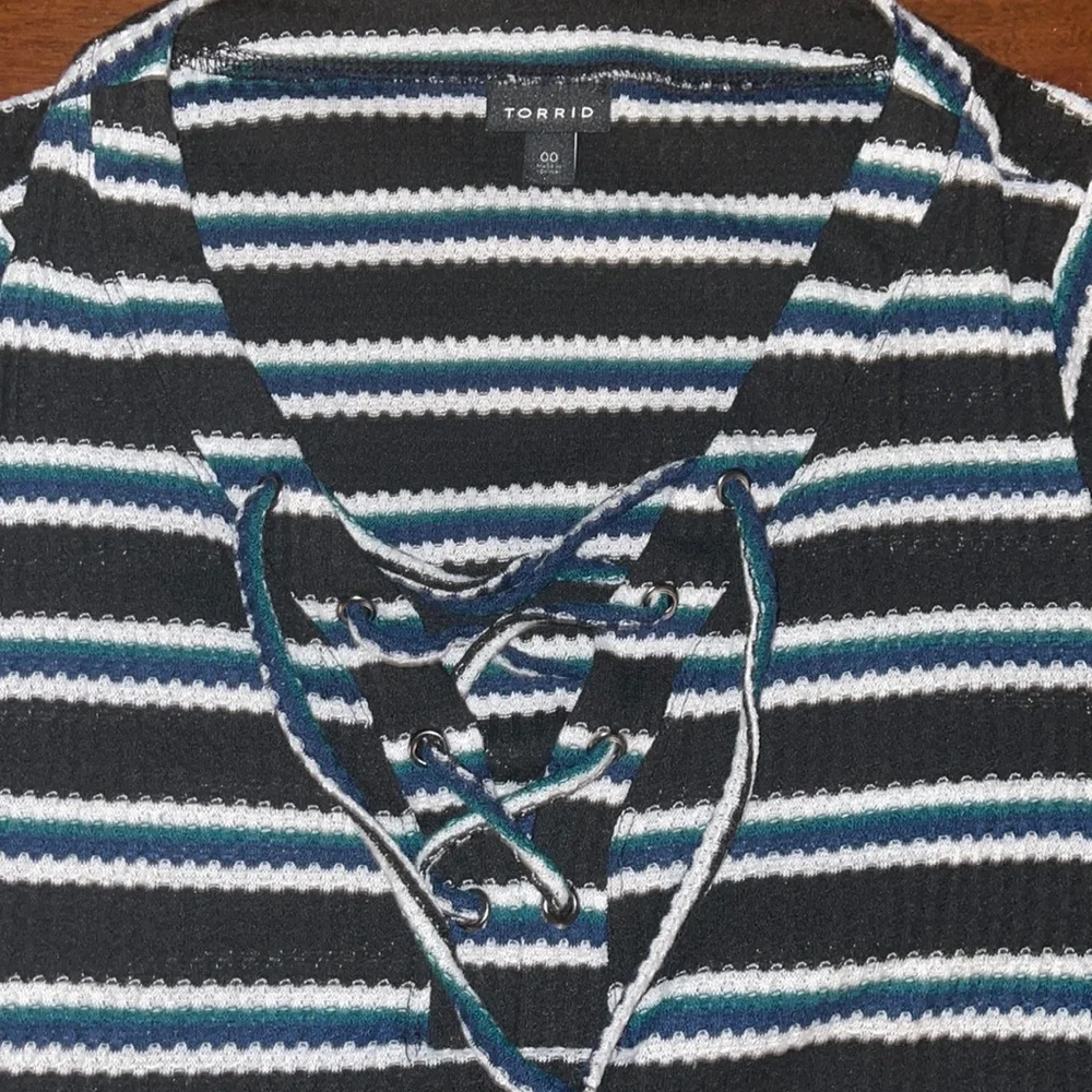 Torrid waffle weave henley lace neck stripe top. - Picture 2 of 2